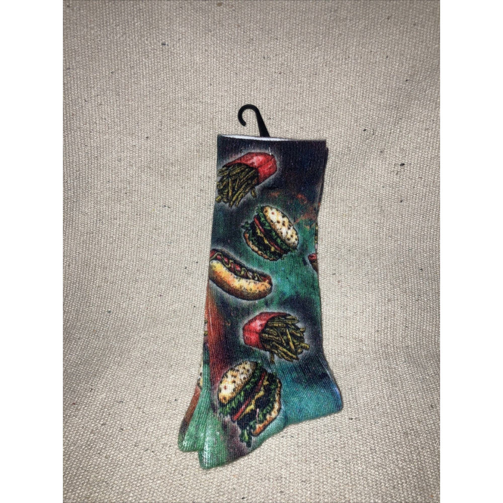Hamburger Fries Hot Dog Print Men's Crew Socks Size 10-13 K Bell Fashion New